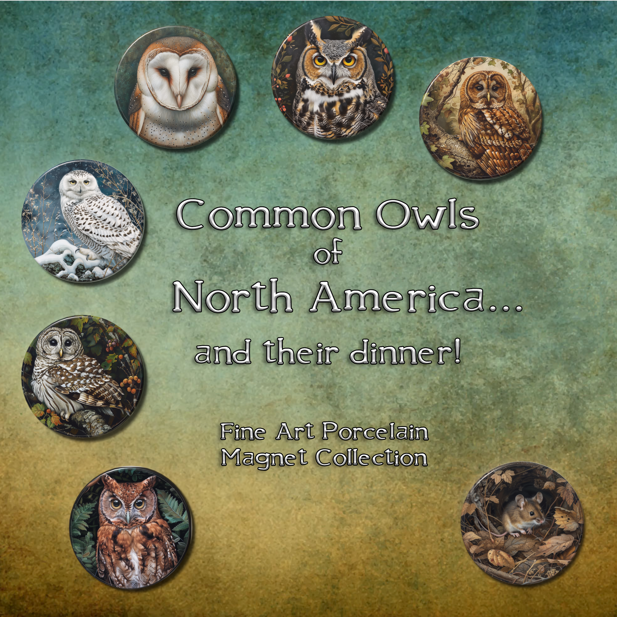 Fine art porcelain magnets collection with and owl theme.