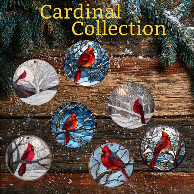 Cardinal Christmas Ornament – Porcelain Stained Glass Look – Double Sided – Sold Individually or as Set of 7