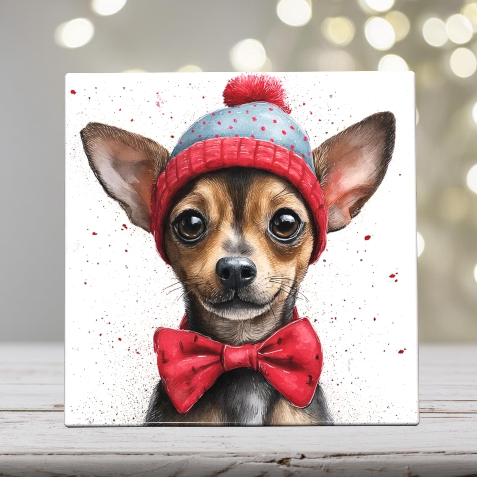 Chihuahua in Winter Hat and Bow Tie – Christmas Dog Porcelain Tile