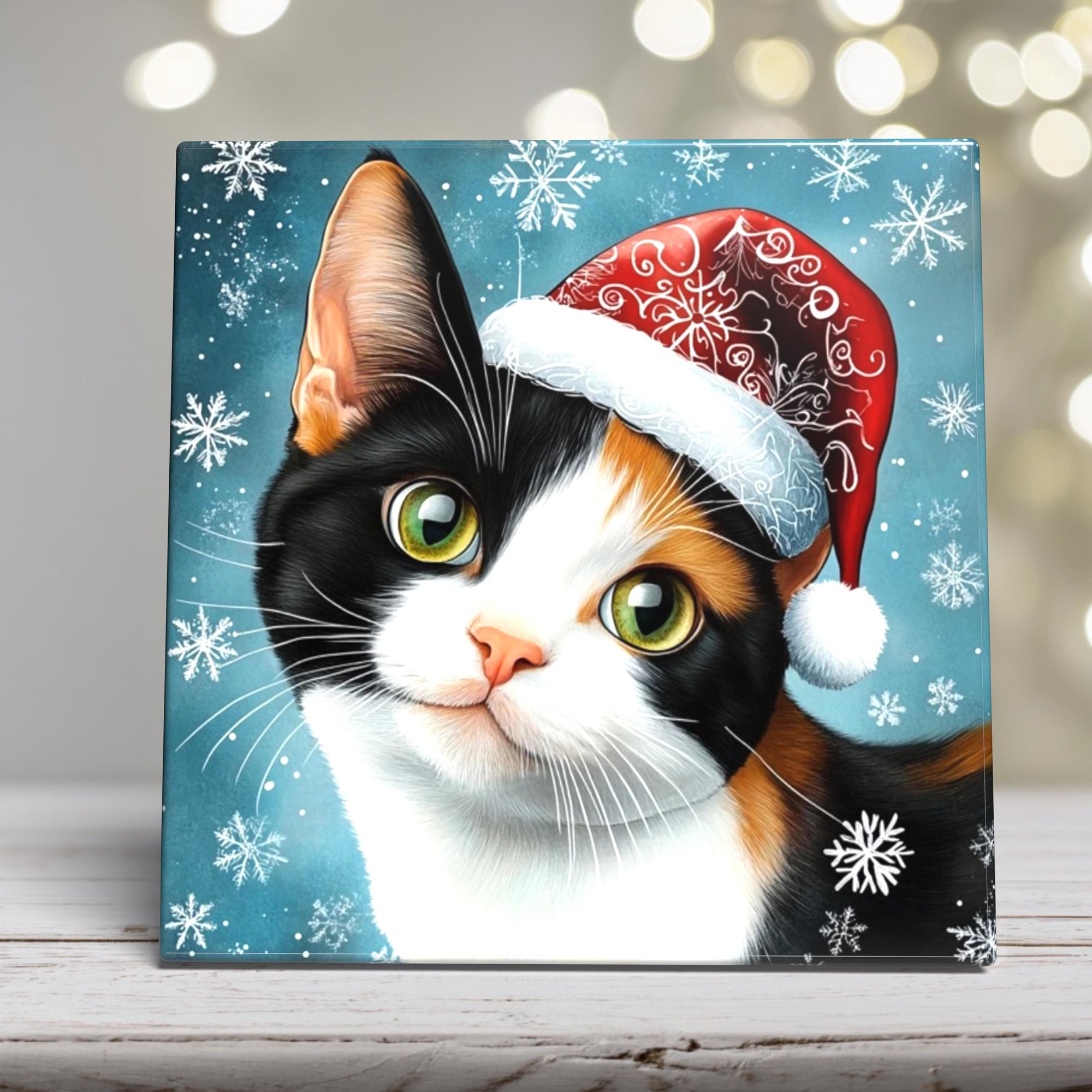 Calico Cat in Santa Hat – Christmas Cat Porcelain Tile