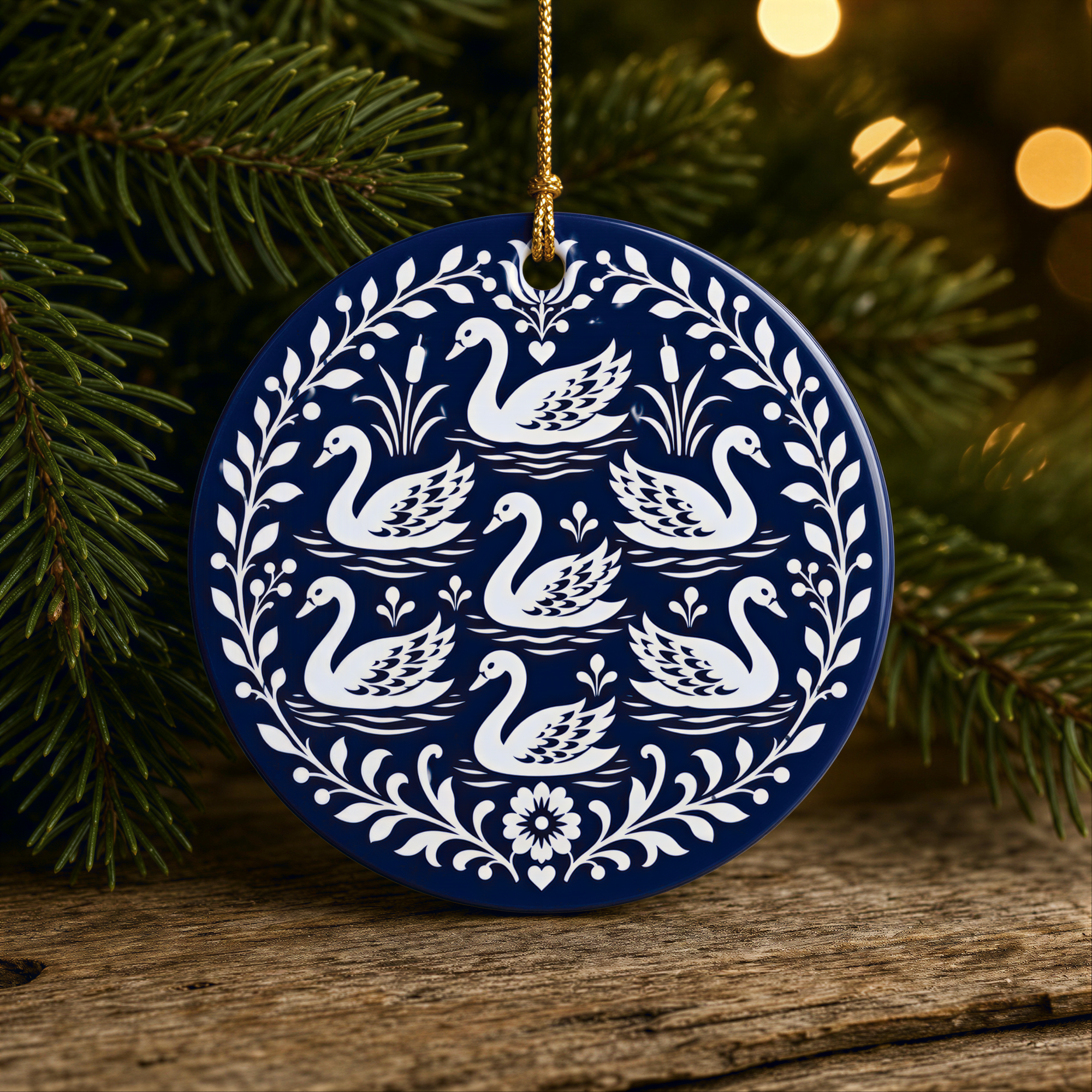 A blue and white ornament featuring a floral design with white swans floating on a blue background, hanging on a branch of a Christmas tree.