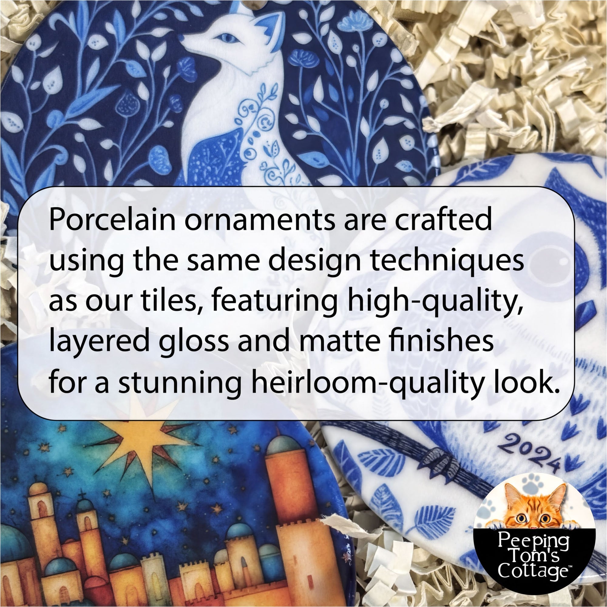 The image is a collage of various ceramic or porcelain ornaments, each featuring a unique design and color scheme. The text in the image provides information about the craftsmanship and quality of these ornaments, highlighting their high-quality materials and finishes, such as high-gloss and matte finishes, which contribute to their stunning heirloom-quality appearance.