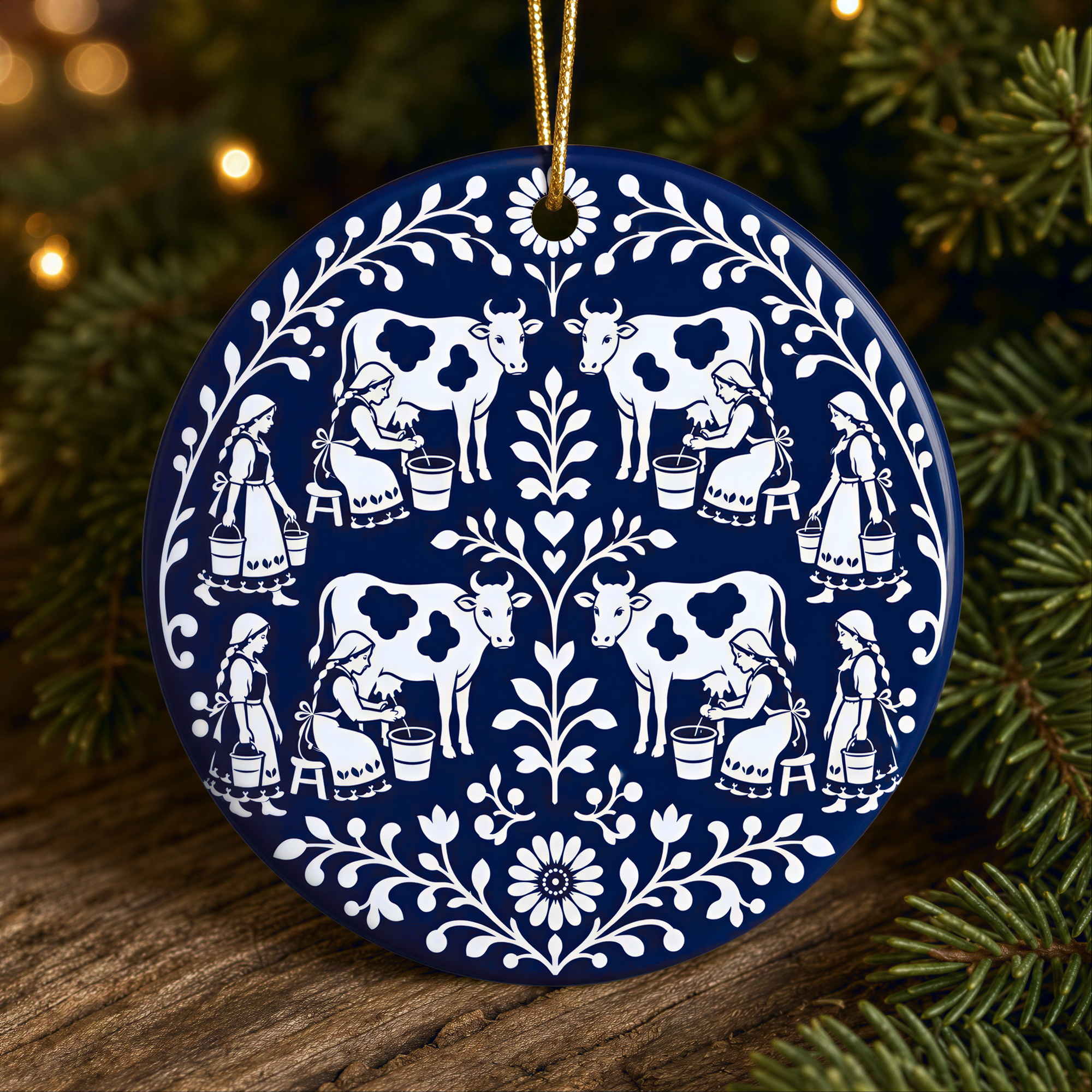 A blue and white ornament featuring a pastoral scene with women milking cows, surrounded by flowers and leaves.