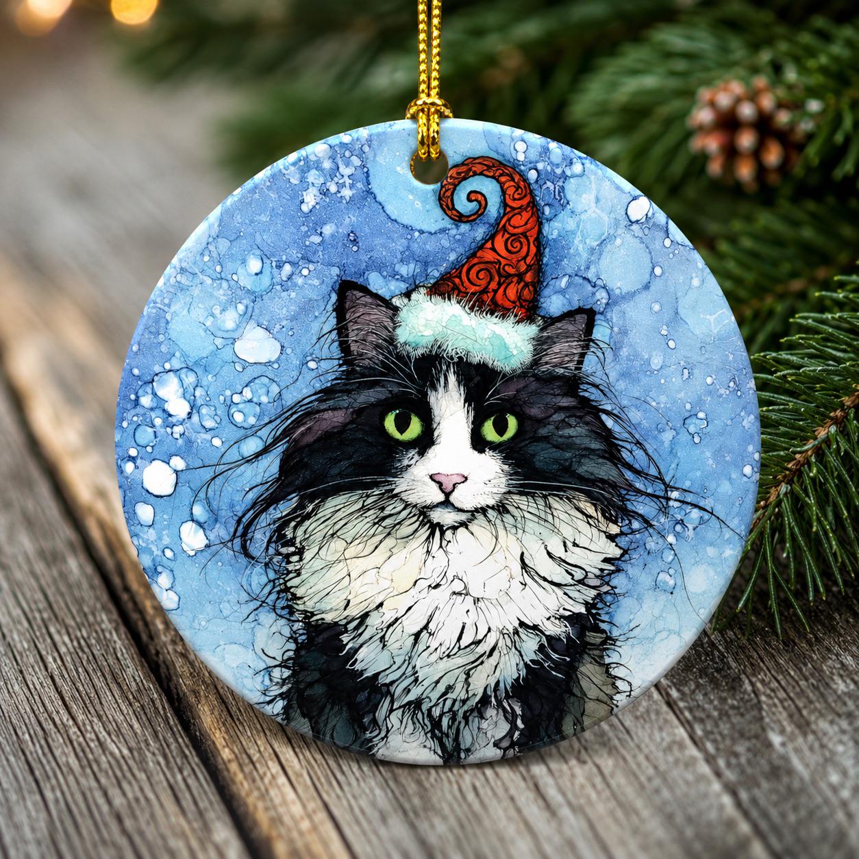 Luna the Christmas Cat Ornament – Black & White Tuxedo Cat in Santa Hat | Double-Sided Porcelain Christmas Ornament | Original Cat Art