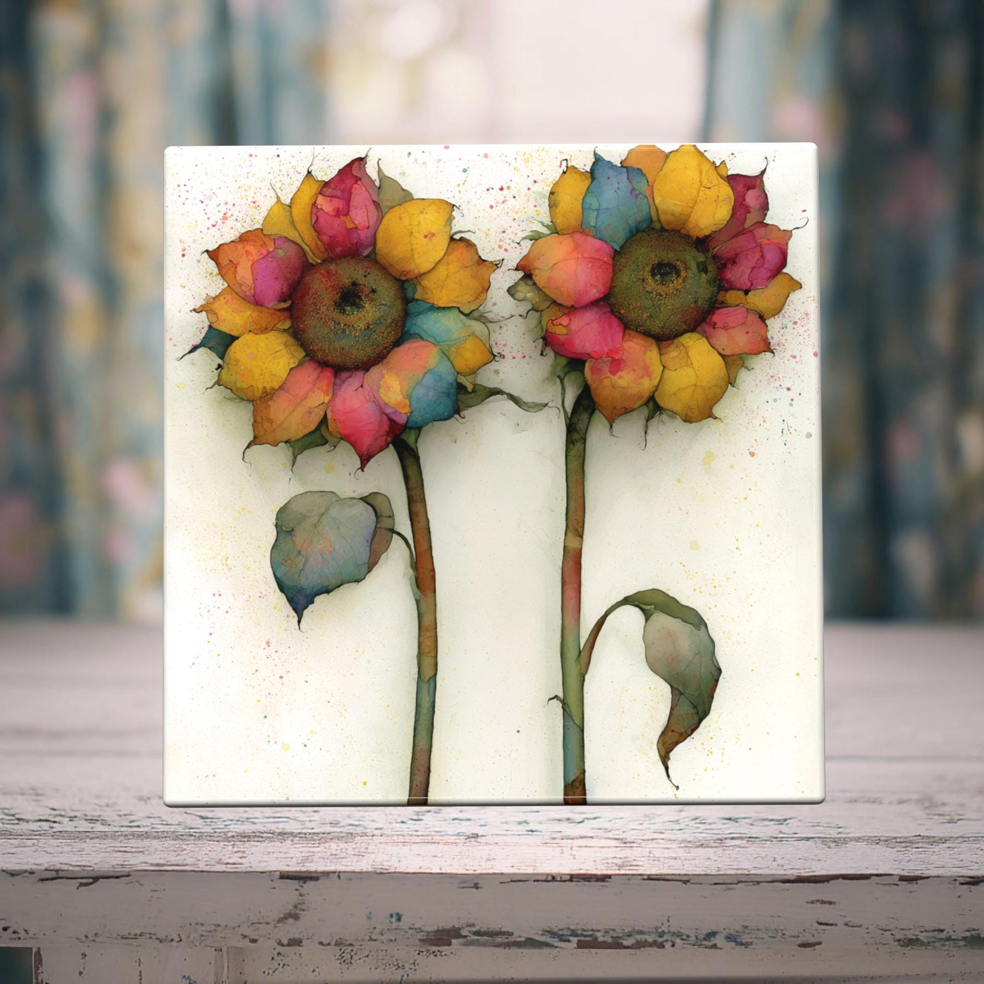 Patchwork Sunflowers | Colorful Floral Porcelain Tile | Whimsical Botanical Cottage Decor | Miss Havisham’s Garden Collection