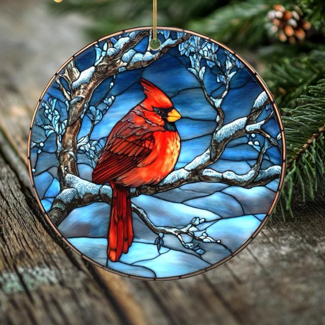 Cardinal Christmas Ornament – Porcelain Stained Glass Look – Double Sided – Sold Individually or as Set of 7