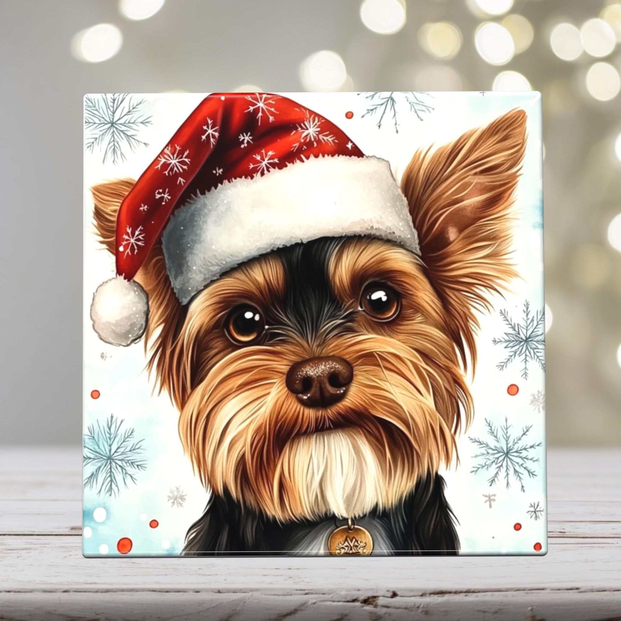 Yorkshire Terrier in Santa Hat – Christmas Dog Art Tile