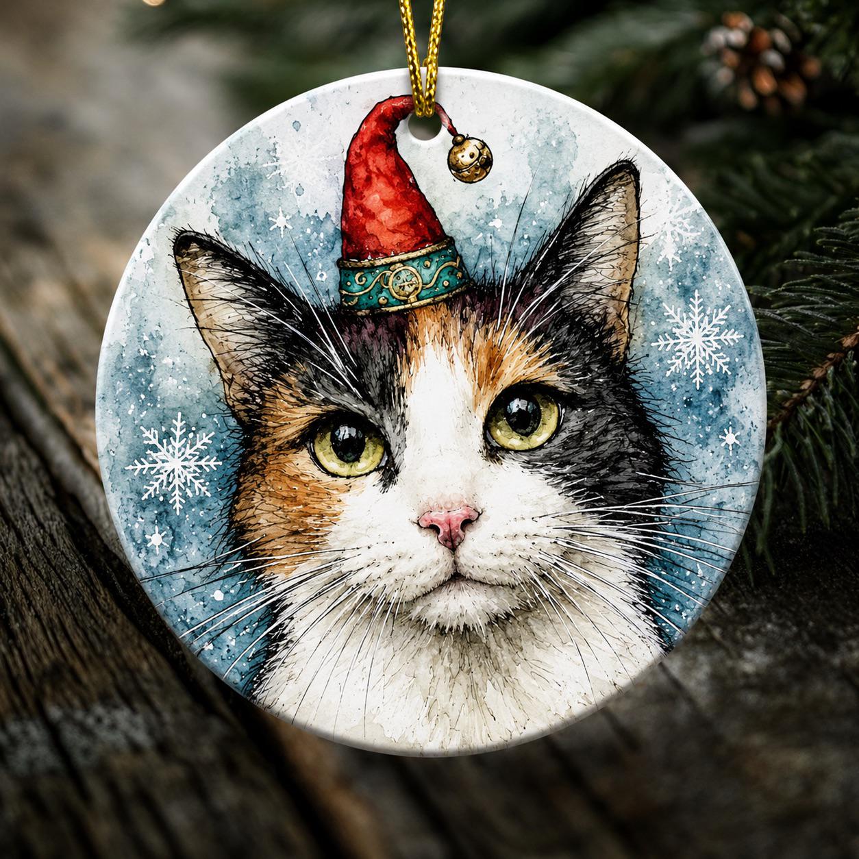 Poppy the Christmas Cat Ornament – Calico Cat in Santa Hat | Double-Sided Porcelain Christmas Ornament | Original Cat Art