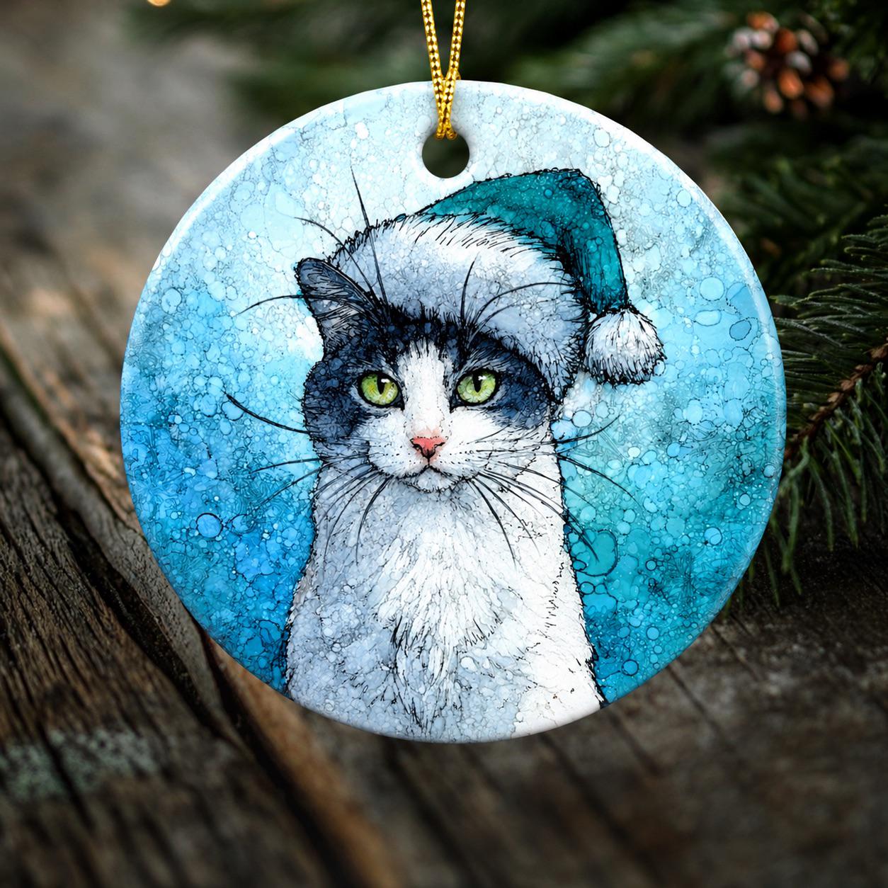 Frost the Christmas Cat Ornament – Black & White Cat in Blue Santa Hat | Double-Sided Porcelain Christmas Ornament | Original Cat Art