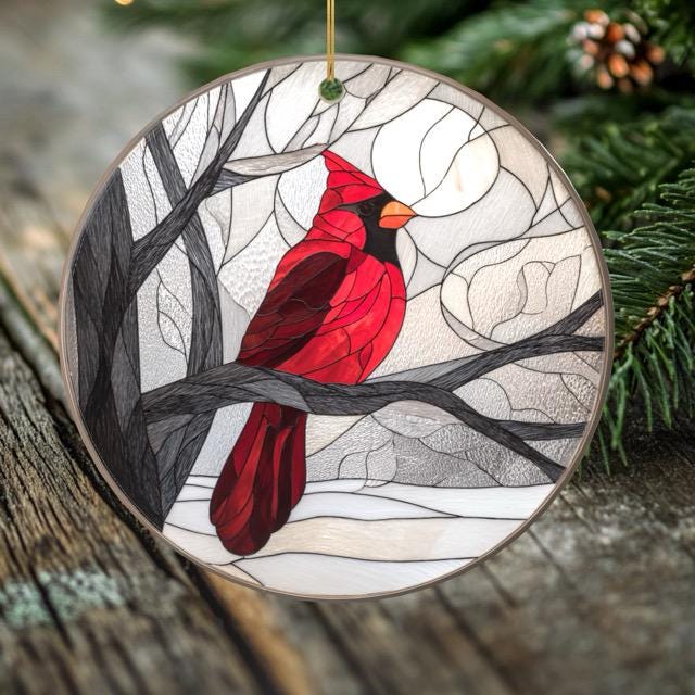 Cardinal Christmas Ornament – Porcelain Stained Glass Look – Double Sided – Sold Individually or as Set of 7
