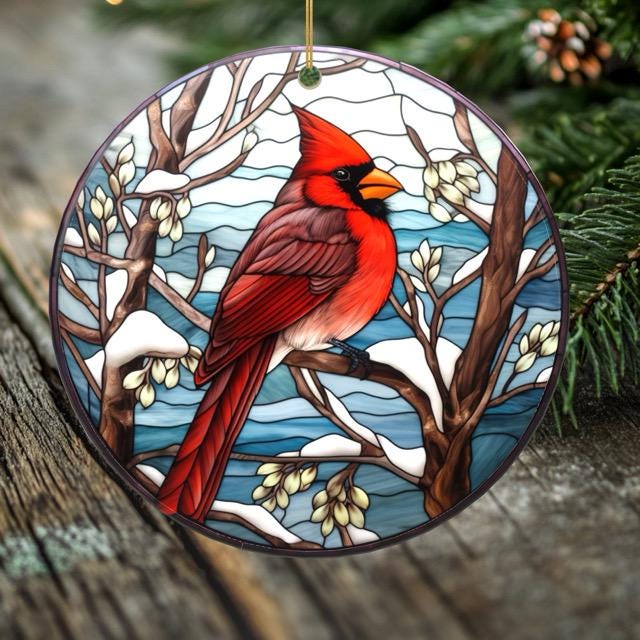 Cardinal Christmas Ornament – Porcelain Stained Glass Look – Double Sided – Sold Individually or as Set of 7