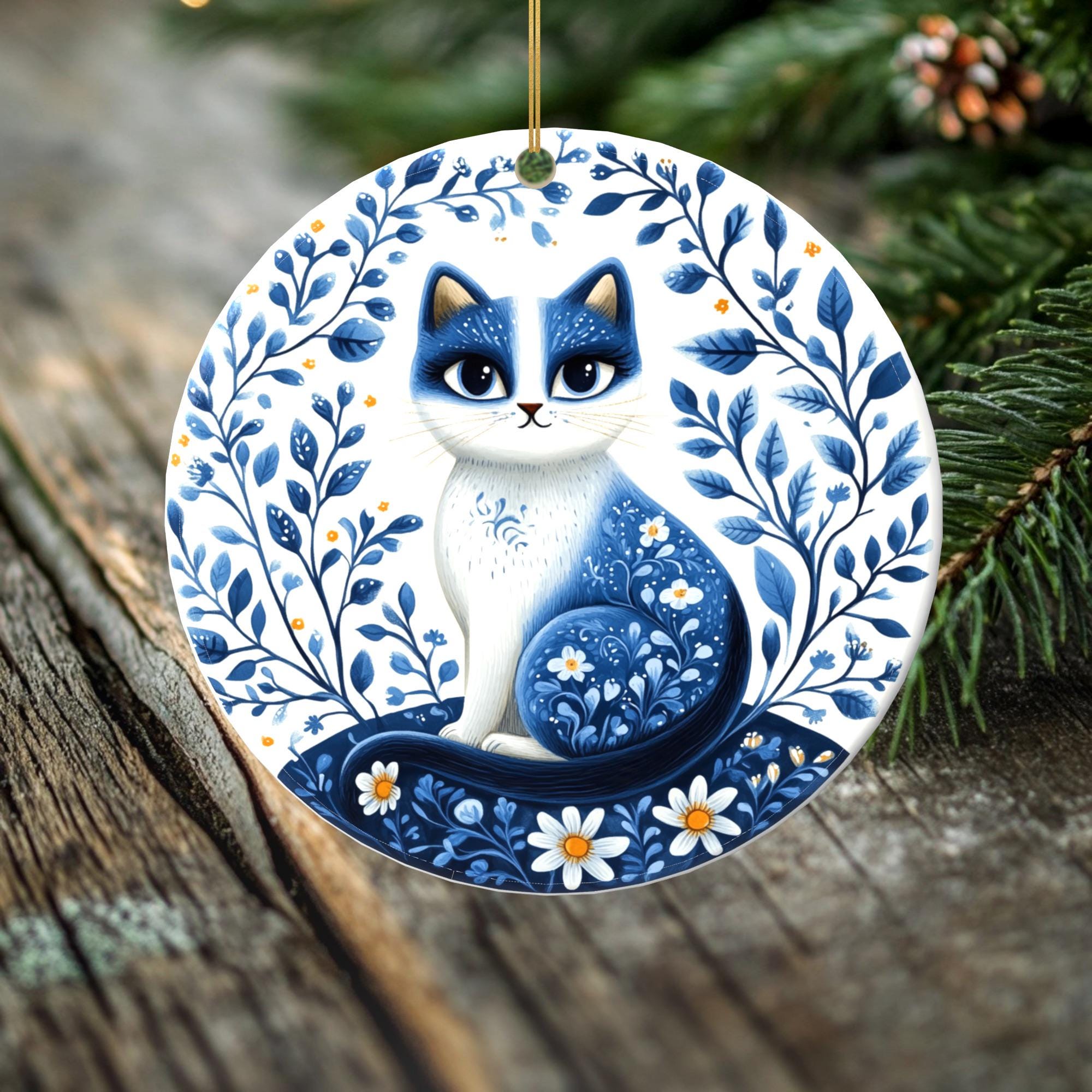 Blue Daisy Floral Cat – Double-Sided Porcelain Ornament