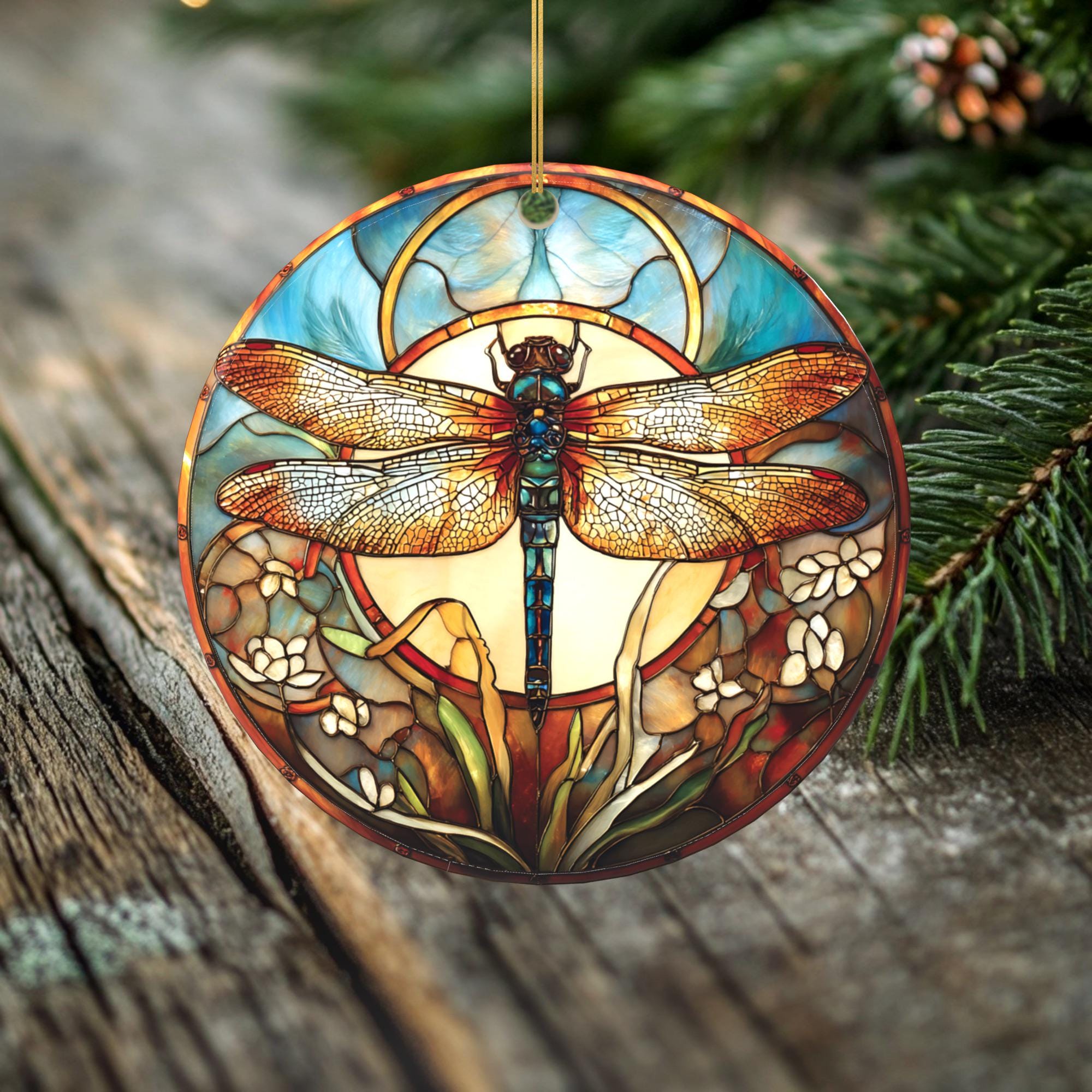 Sunlit Garden Dragonfly Ornament – Double Sided Porcelain Keepsake – Stained Glass Look Memorial Gift