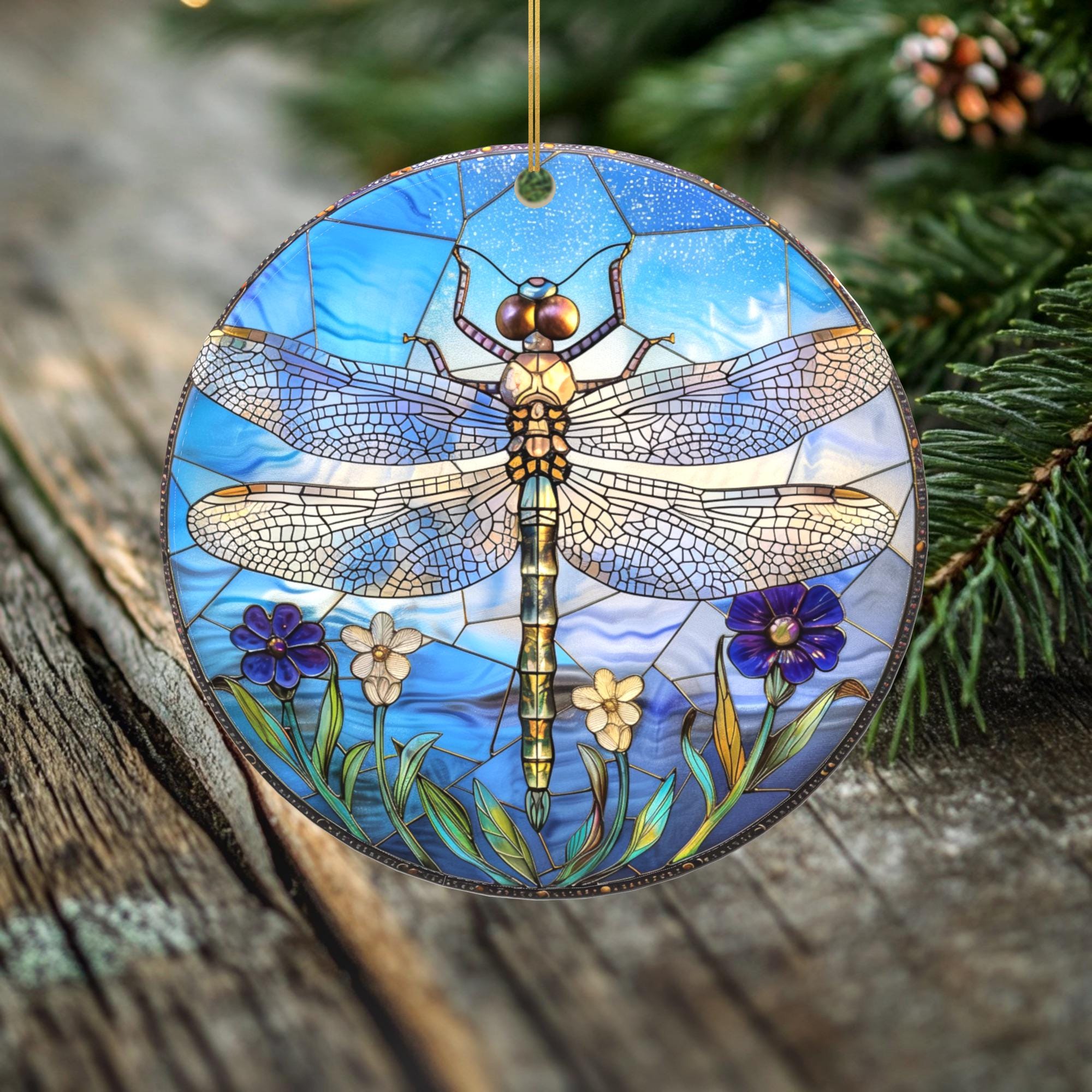 Morning Petals Dragonfly Ornament – Double Sided Porcelain Keepsake – Stained Glass Look Remembrance Gift