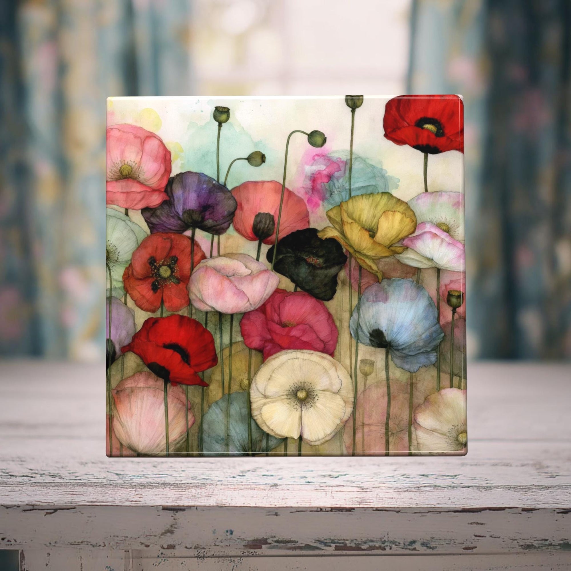 Velvet Poppy Garden | Floral Porcelain Tile | Watercolor Botanical Cottage Decor | Miss Havisham’s Garden Collection