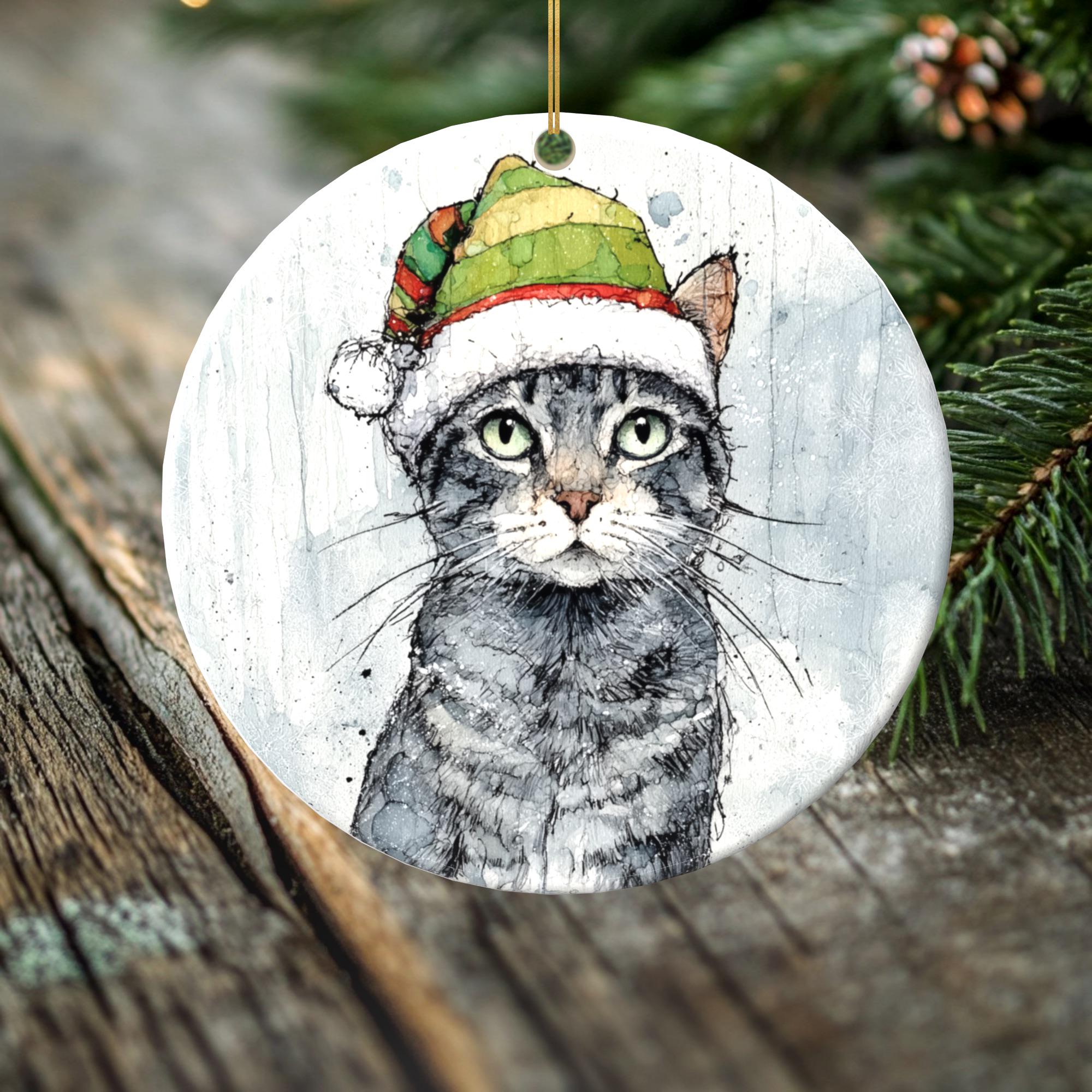 Squeegee the Christmas Cat Ornament – Gray Tabby in Santa Hat | Double-Sided Porcelain Christmas Ornament | Original Cat Art