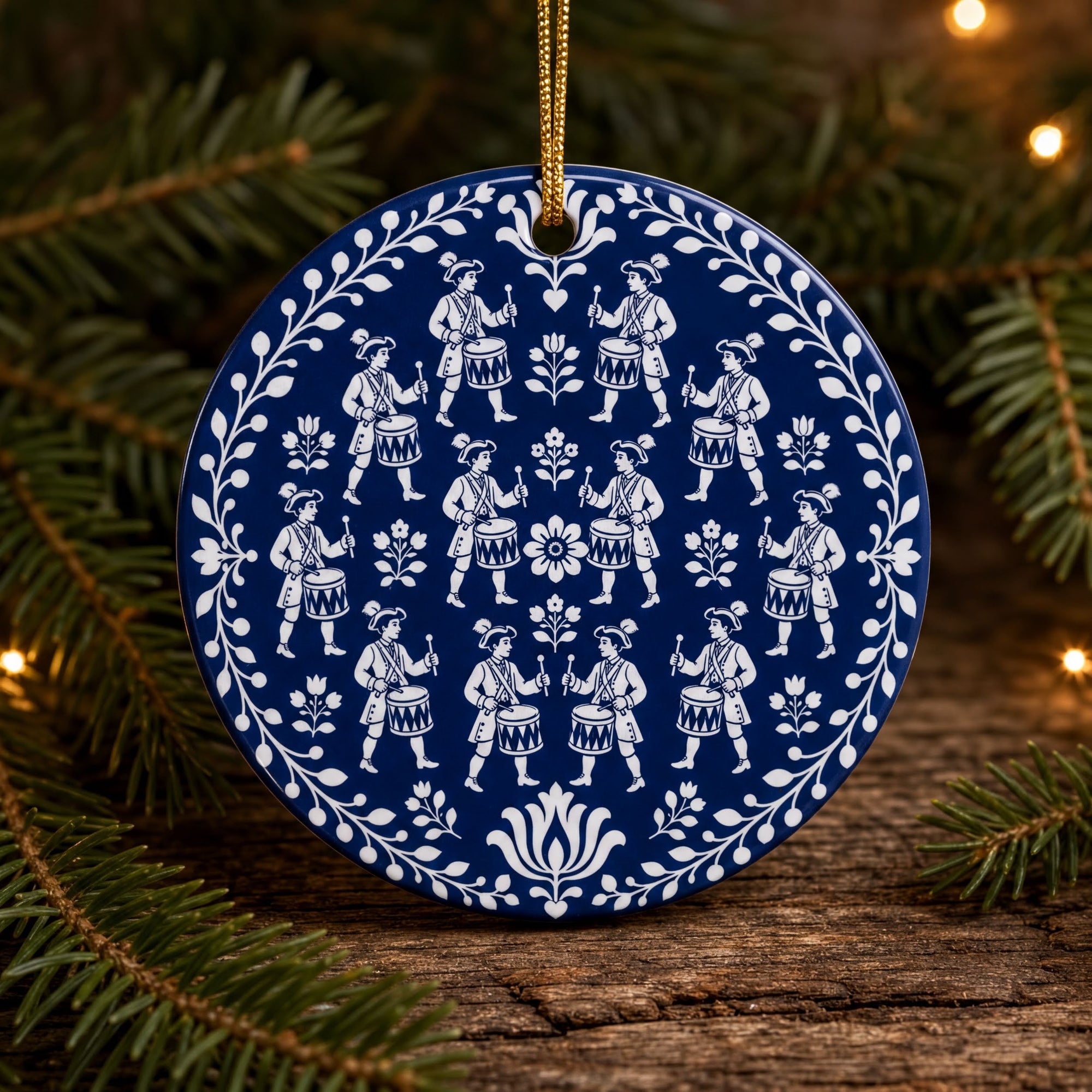 A blue and white ornament with a repeating pattern of drummers and flowers, hanging on a Christmas tree branch.