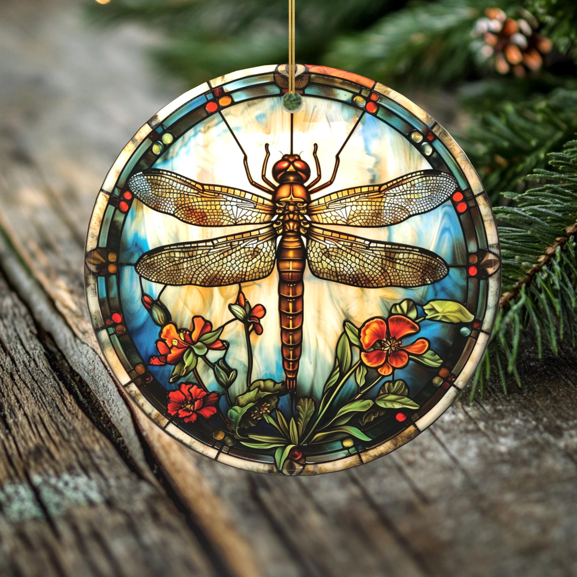 Poppy Garden Dragonfly Ornament – Double Sided Porcelain Keepsake – Stained Glass Look Holiday Memorial Gift