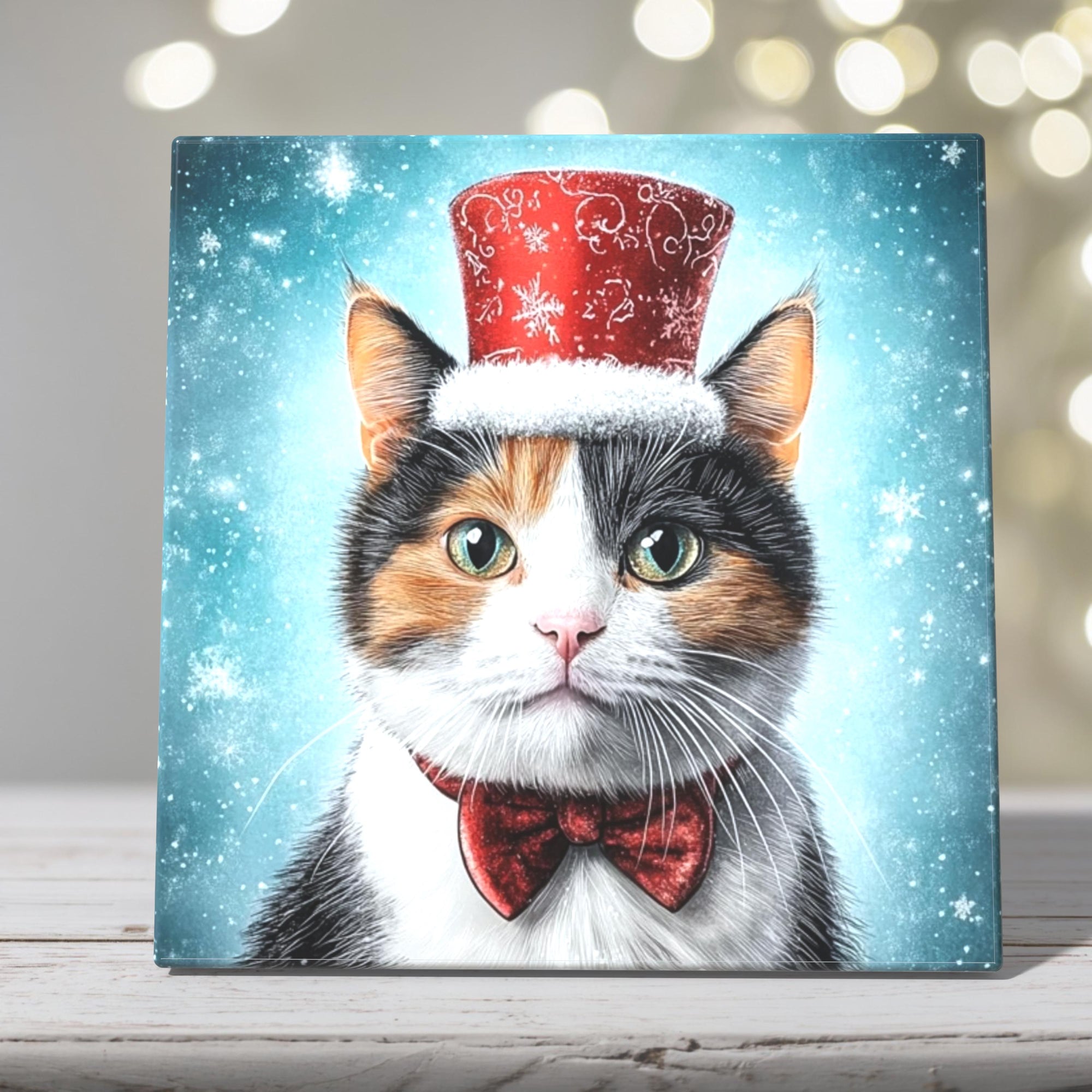 Calico Cat in Top Hat and Bow Tie – Christmas Cat Porcelain