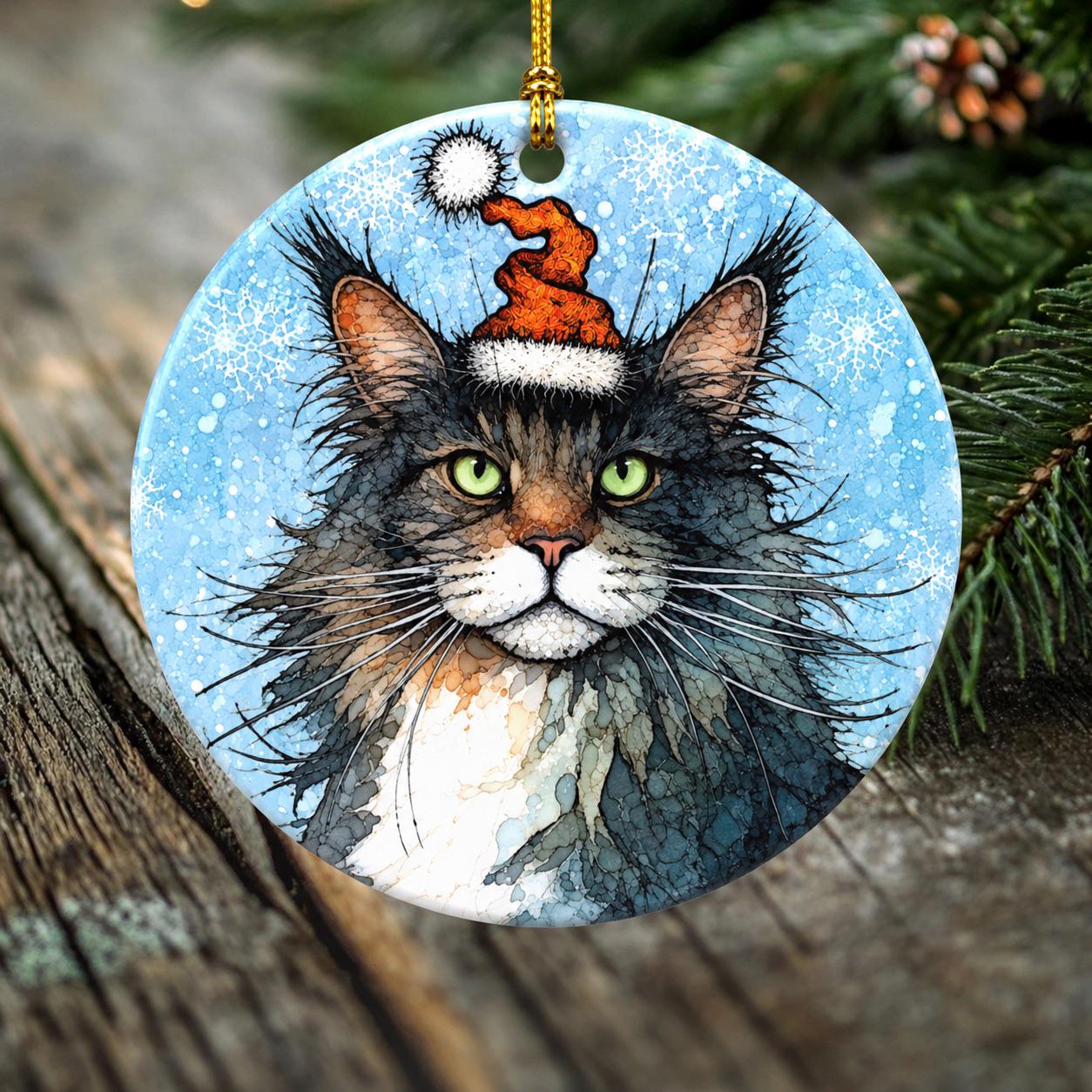 Finn the Christmas Cat Ornament – Maine Coon Cat in Santa Hat | Double-Sided Porcelain Christmas Ornament | Original Cat Art