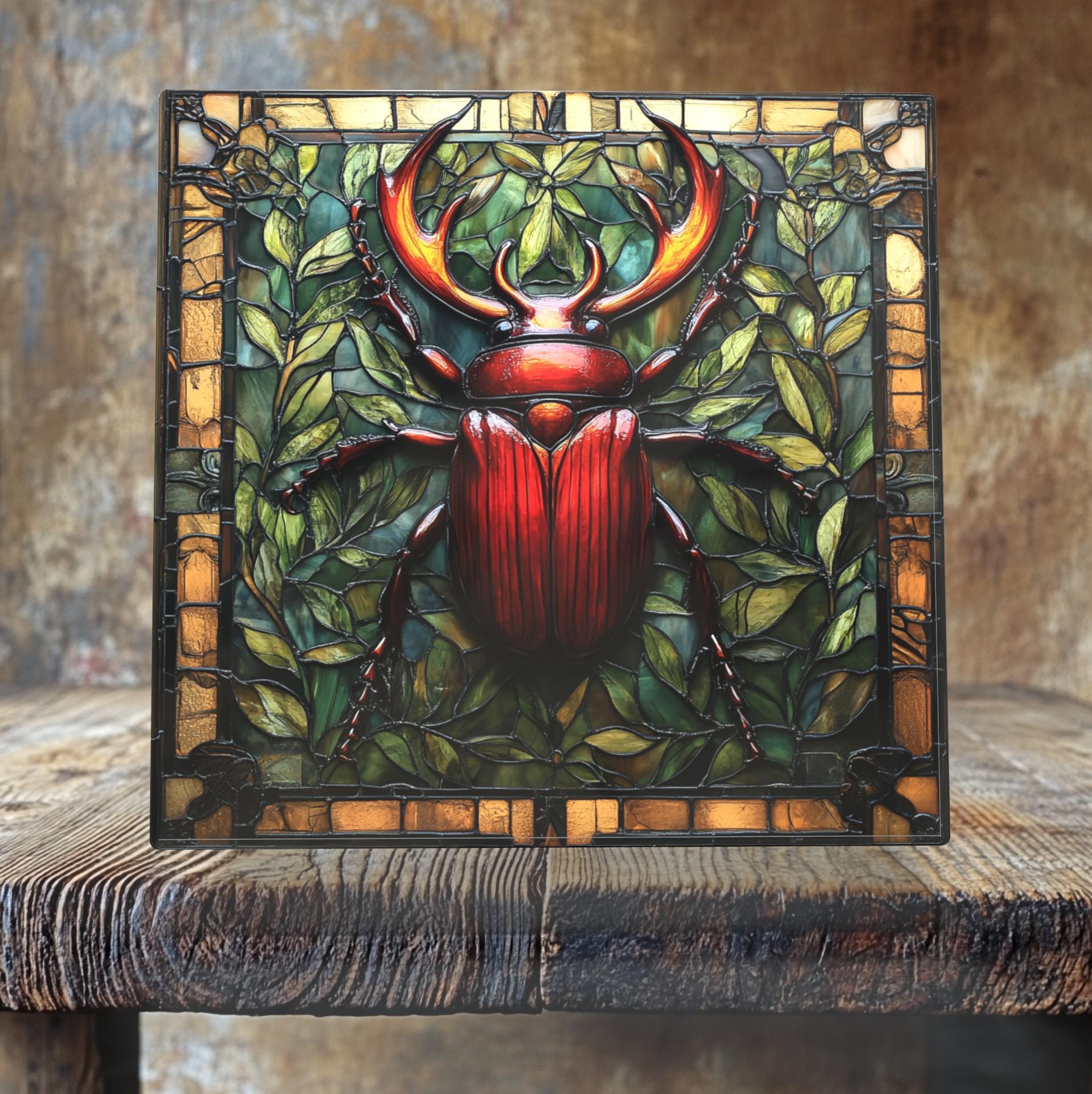 Red Stag Beetle Porcelain Tile – Stained Glass-Inspired Nature Art
