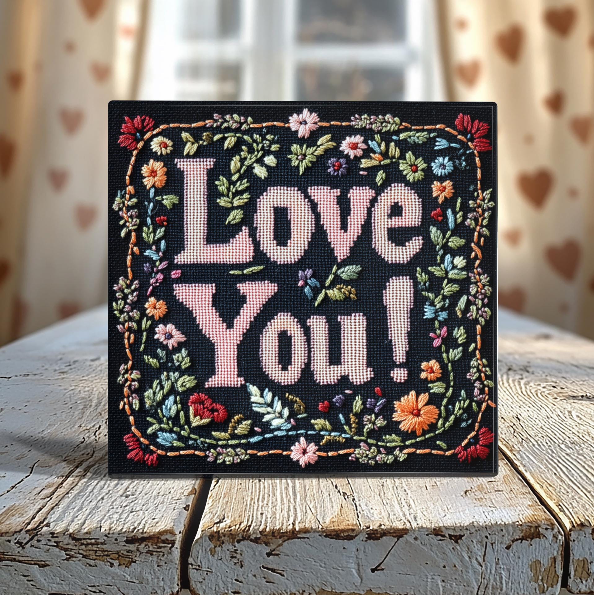 Love You Embroidery Look Tile - 4-Inch or 6-Inch | Peeping Tom’s Cottage