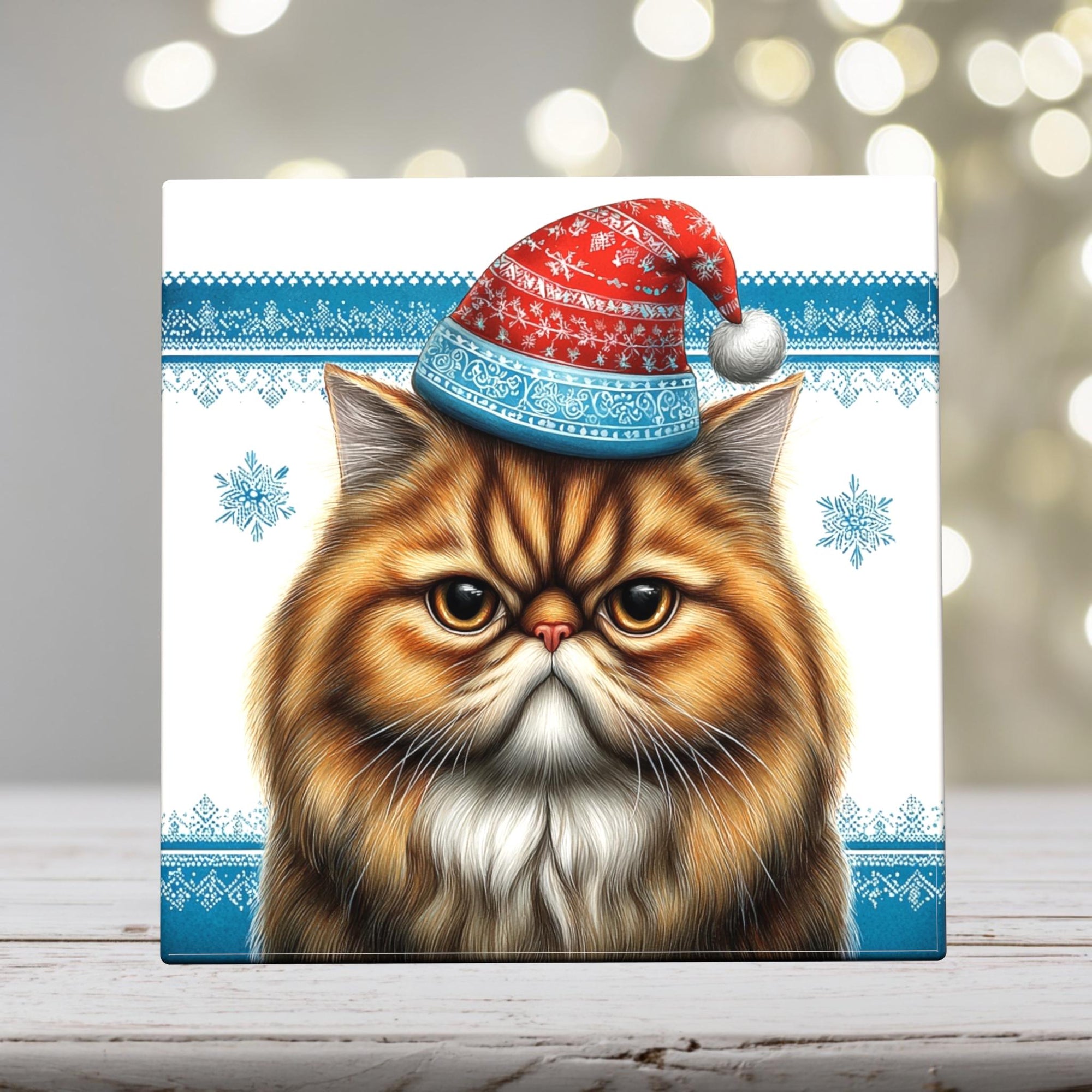 Persian Cat with Red and Blue Holiday Hat – Christmas Art Tile