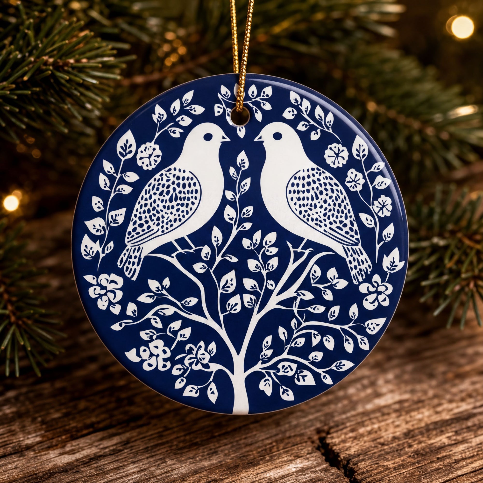 A blue and white ornament featuring two white birds perched on a tree branch, surrounded by leaves and flowers, hanging on a string.