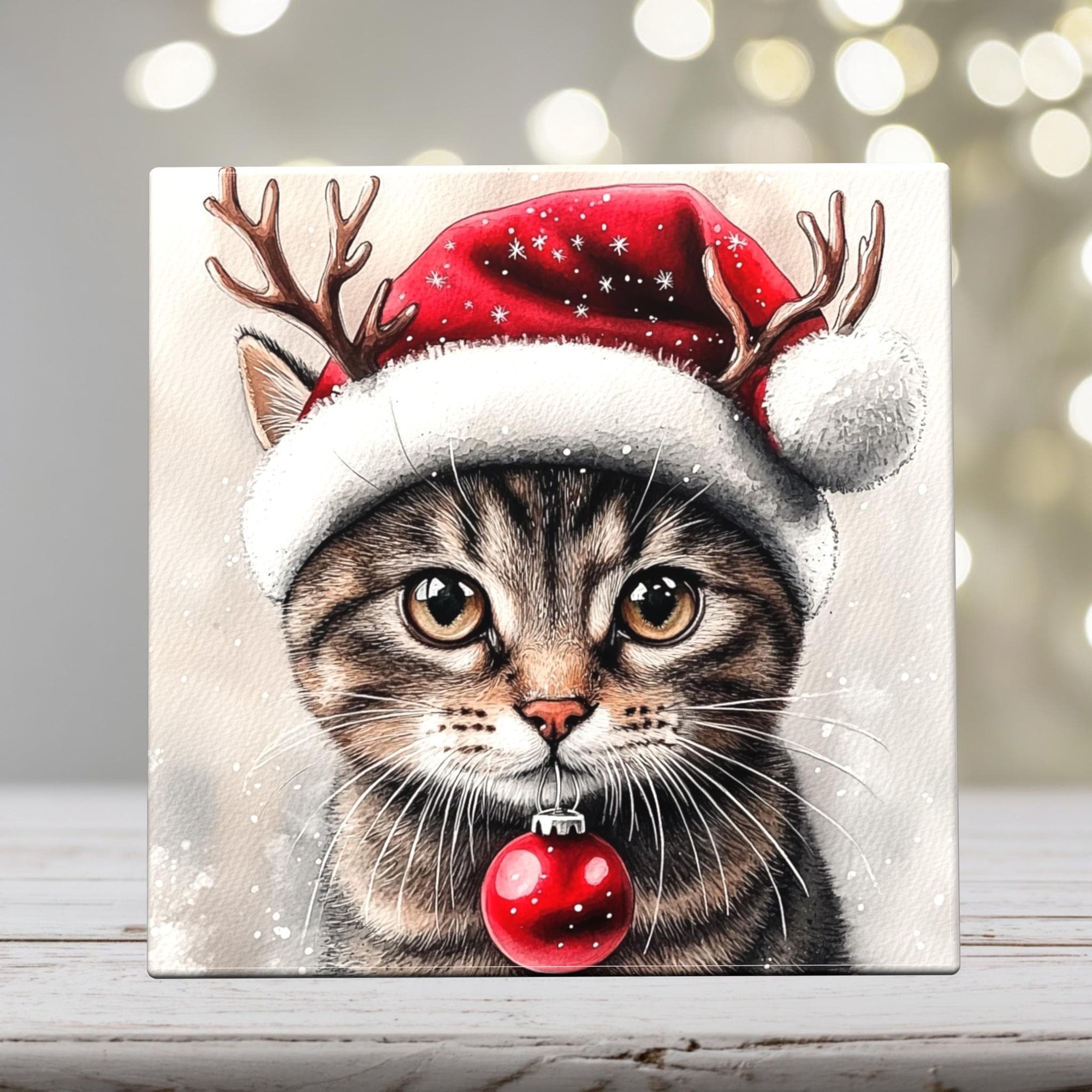 Grey Tabby Cat in Antlers – Christmas Cat Porcelain Tile
