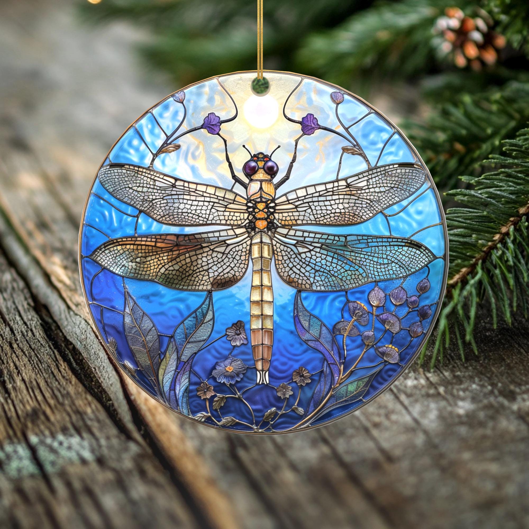 Moonlit Bloom Dragonfly Ornament – Double Sided Porcelain Keepsake – Stained Glass Look Memorial Gift