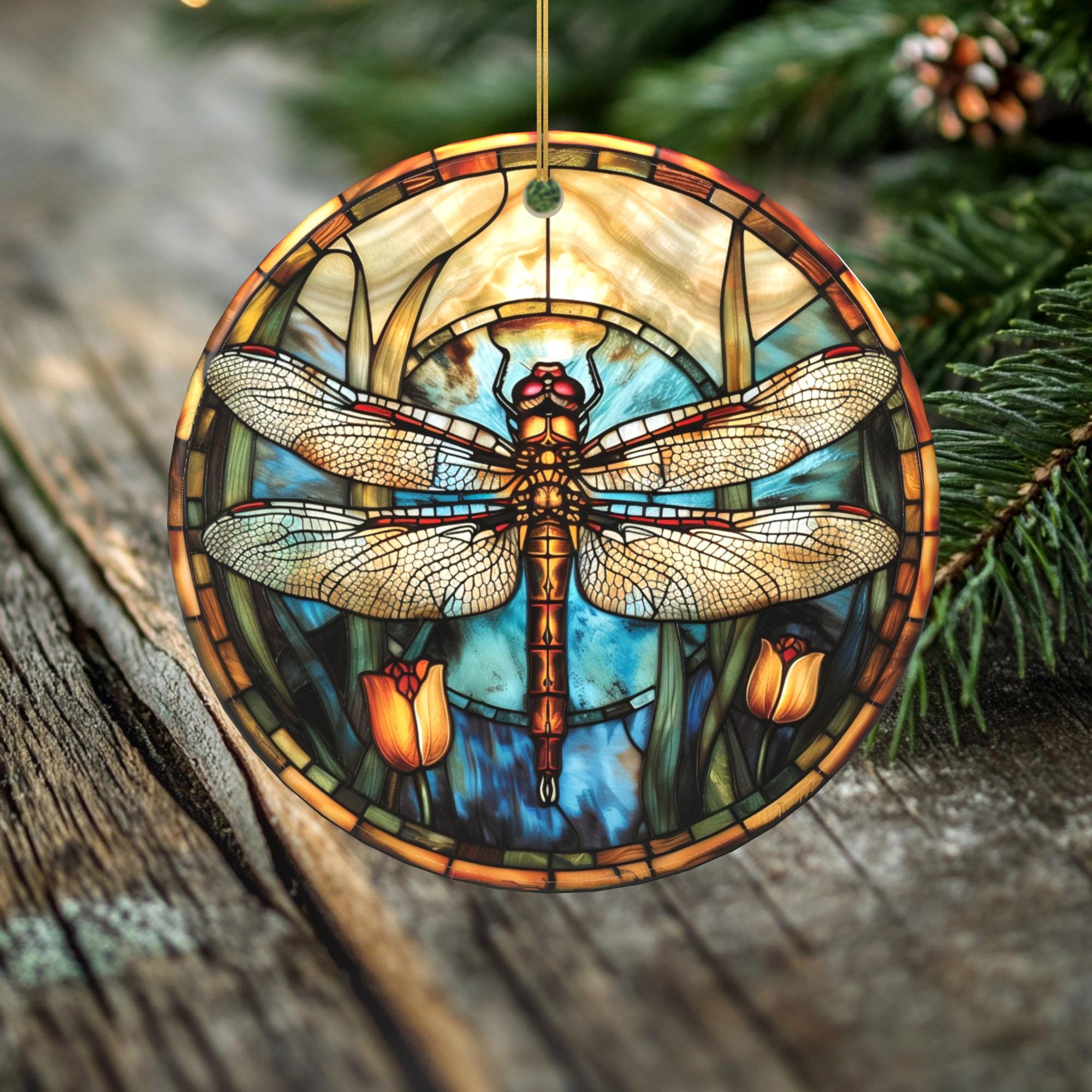 Golden Stillness Dragonfly Ornament – Double Sided Porcelain Keepsake – Stained Glass Look Holiday Memorial Gift