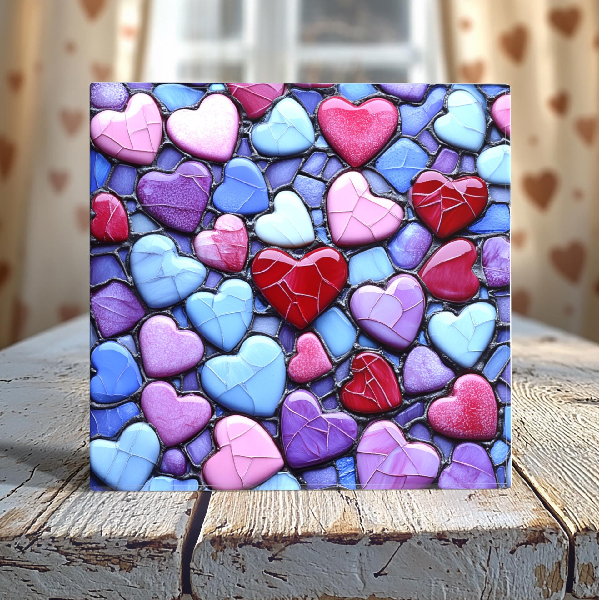 Colorful Heart Cluster Stained Glass-Look Tile - 4-Inch or 6-Inch | Peeping Tom’s Cottage