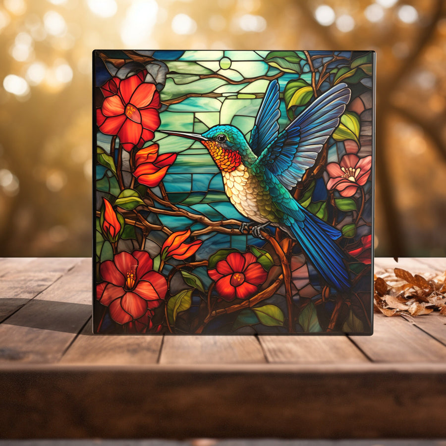 Vibrant Garden Symphony - Handcrafted Stained Glass Hummingbird Art Tile for Enchanting Home Decor