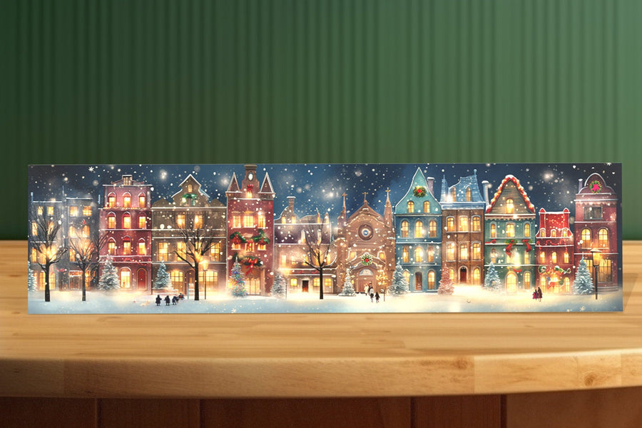 Christmas City Row Houses and Church Original Art on 16x4 inch tile