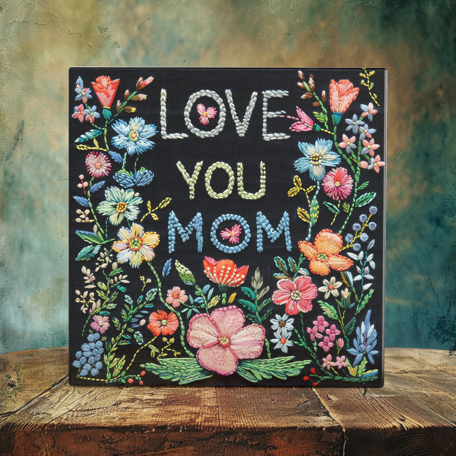 Embroidered Elegance Ceramic Tile - Handcrafted Floral Mother's Day Love You Mom