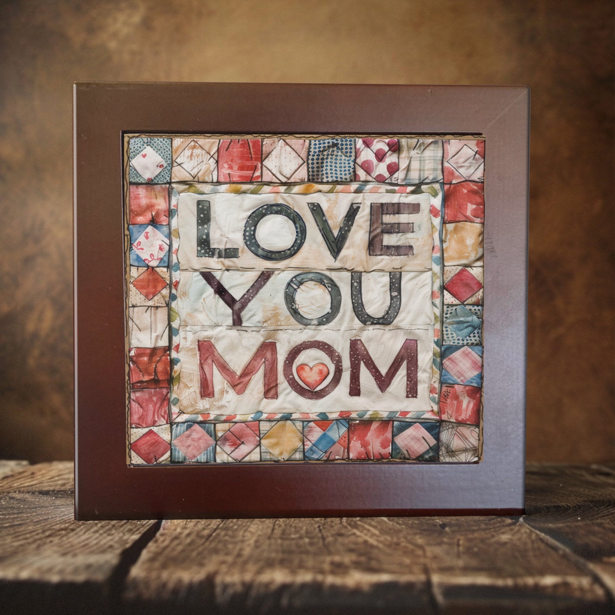 Patchwork Heart - Rustic Quilt Inspired Love You Mom Art Tile