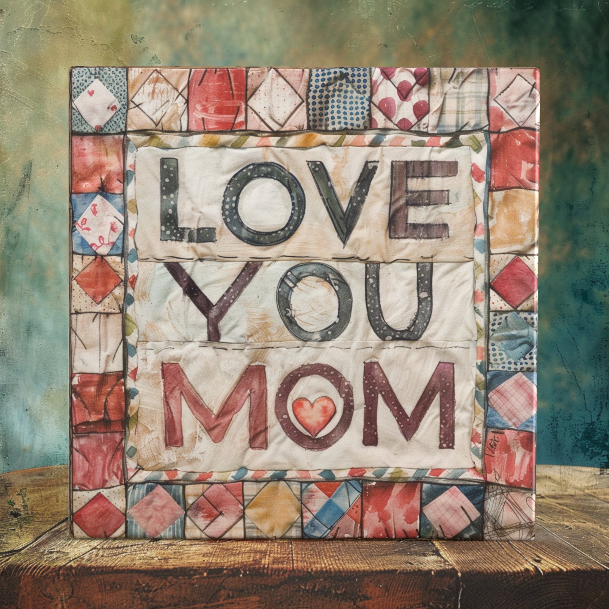 Patchwork Heart - Rustic Quilt Inspired Love You Mom Art Tile