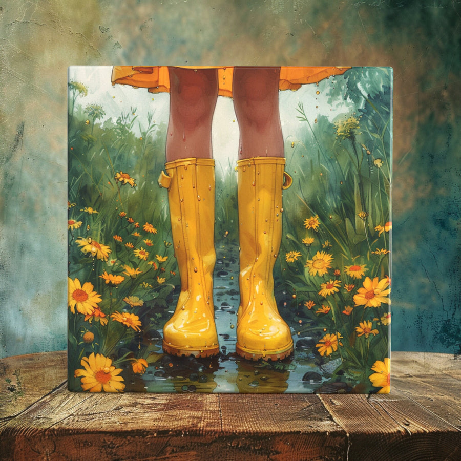 Yellow Rain Boots in Blooming Garden - Porcelain Tile Art