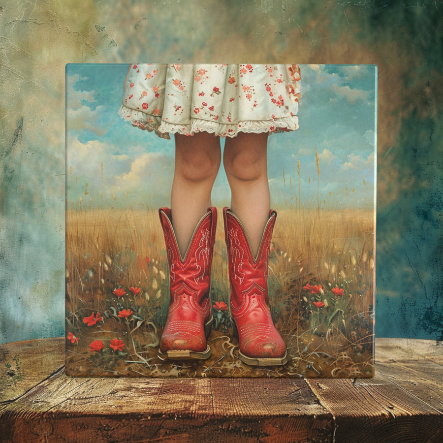 Red Boots in Rustic Field - Porcelain Tile Art