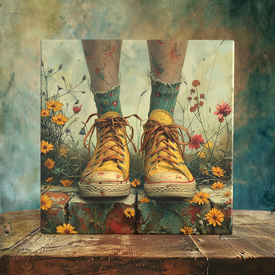 Rustic Yellow Shoes in Blooming Garden -Porcelain Tile Art