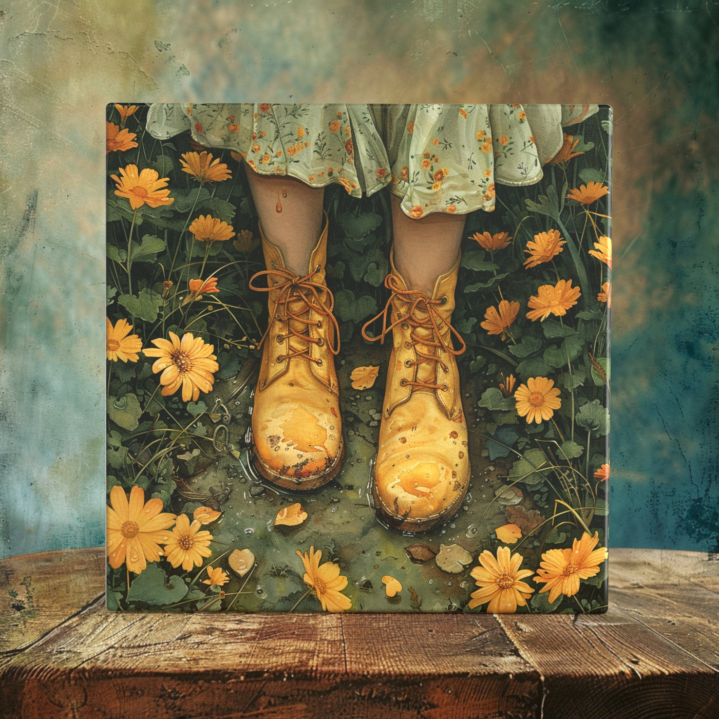 Yellow Boots in Blooming Garden - Porcelain Tile Art