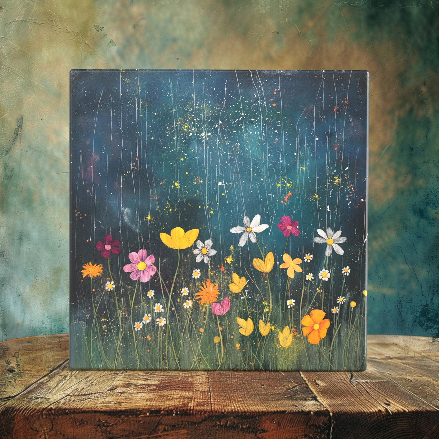 Celestial Wildflowers in the Rain on Porcelain Tile - 6” & 4” with Easel or Frame | Dual Finish Splendor