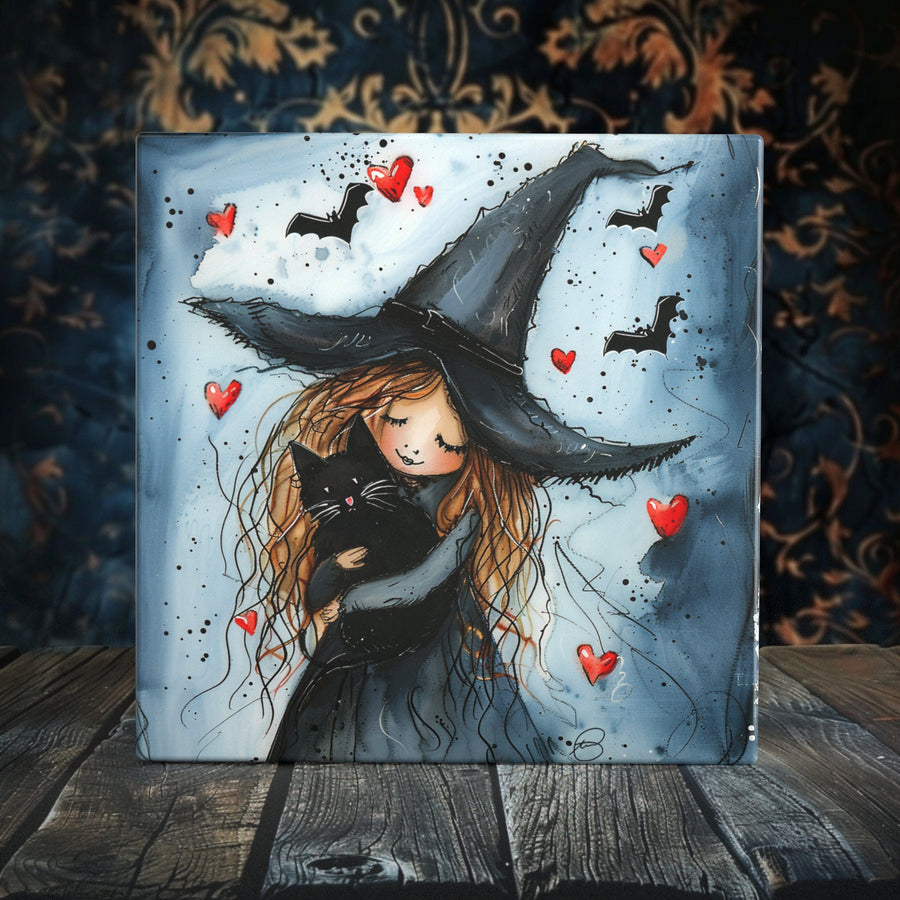 Moonlit Magic: Enchanting Witch and Black Cat Artwork on Porcelain Tile - 6” & 4” | Dual Finish