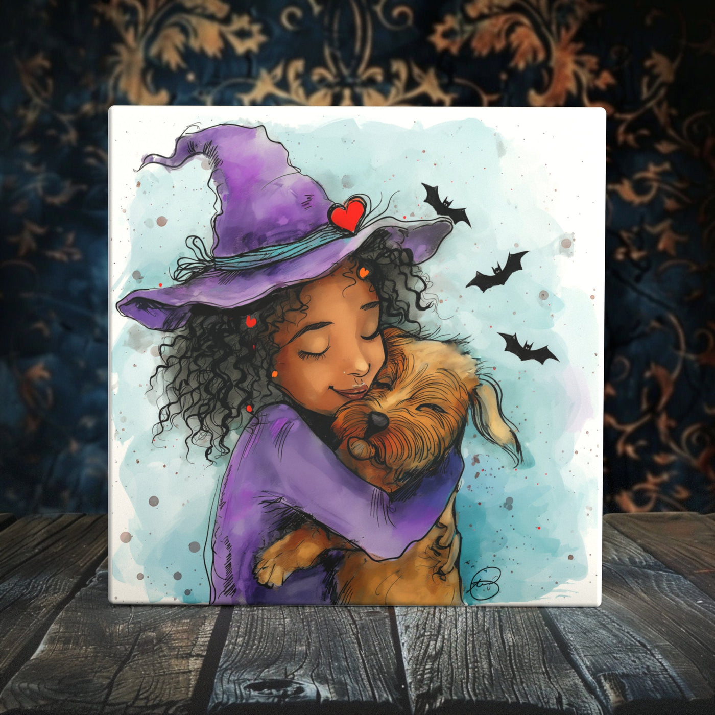 Witch’s Best Friend: Halloween Hug Artwork on Porcelain Tile - 6” & 4” | Dual Finish