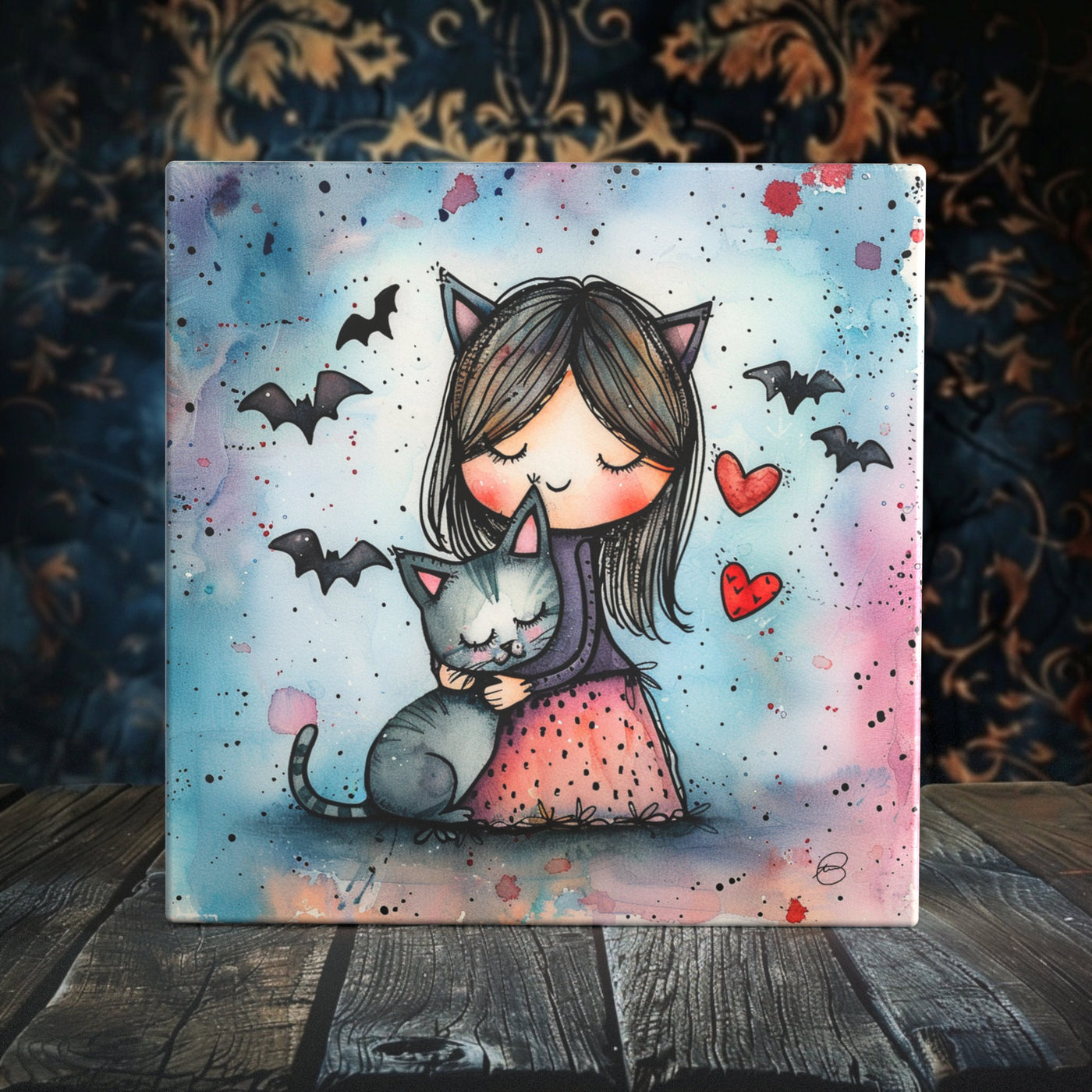 Cat’s Meow: Halloween Snuggles Artwork on Porcelain Tile - 6” & 4” | Dual Finish