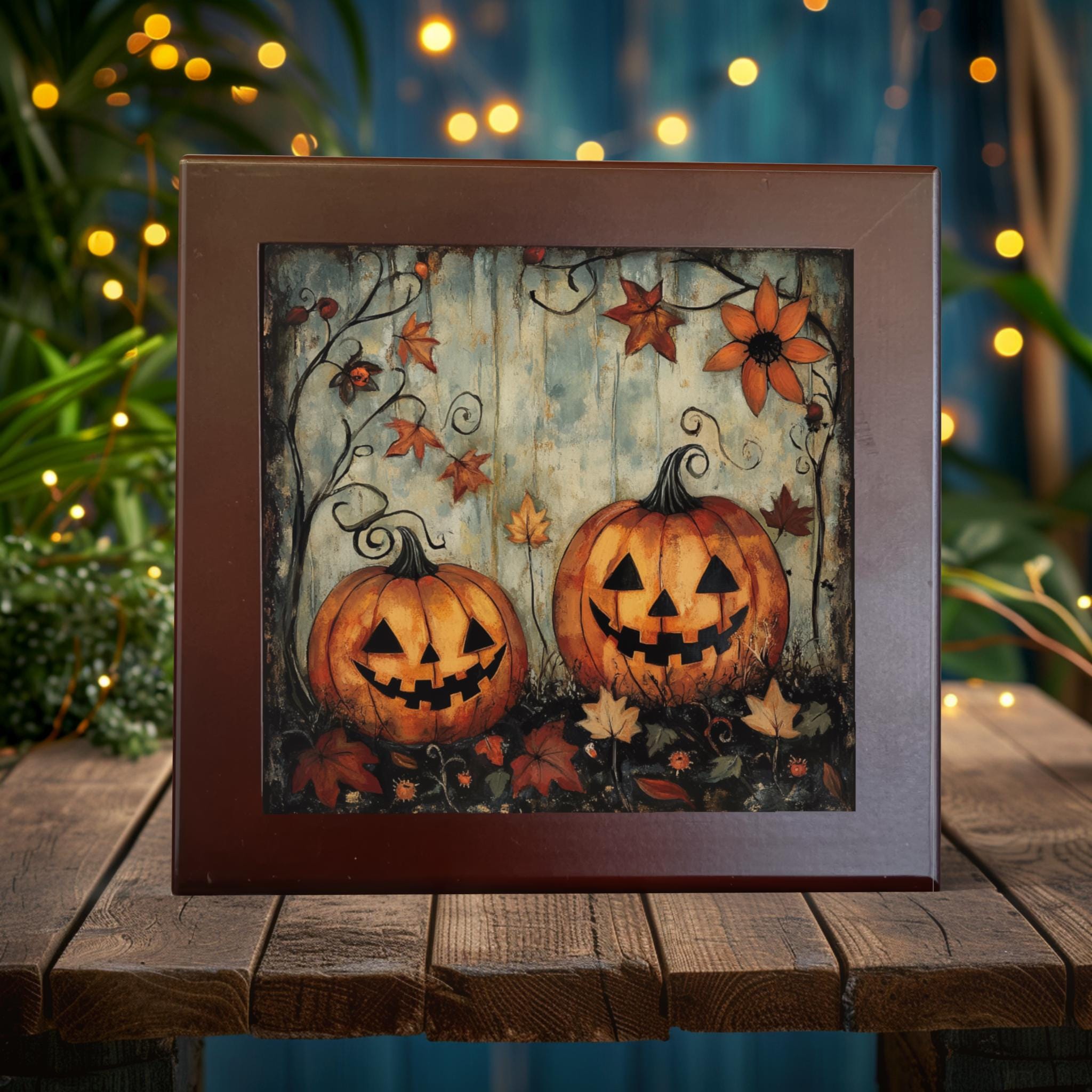 Autumn Glow: Whimsical Pumpkin Patch Porcelain Tile Art for Halloween and Fall Decor