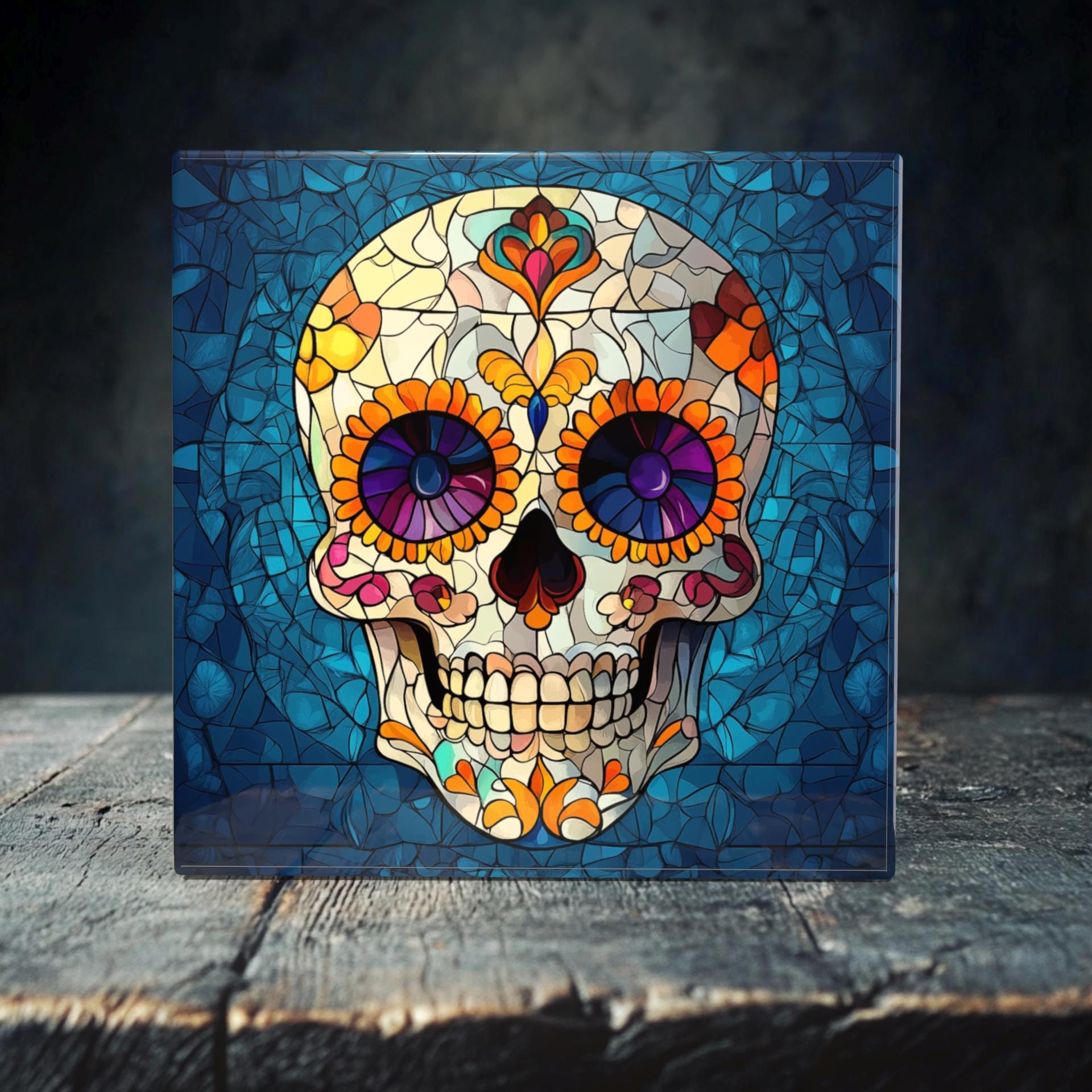 Vibrant Sugar Skull Porcelain Tile Art - Day of the Dead Decor