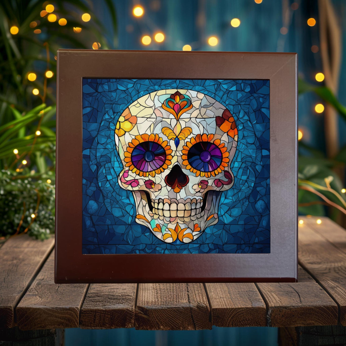 Vibrant Sugar Skull Porcelain Tile Art - Day of the Dead Decor