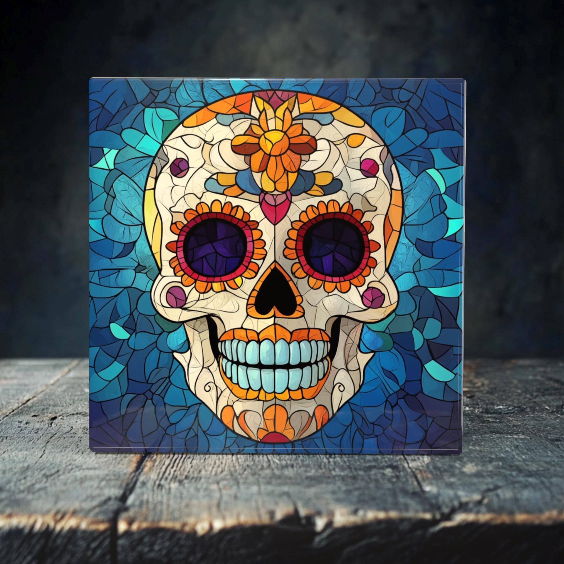 Colorful Sugar Skull Porcelain Tile Art - Day of the Dead Mosaic Inspired Decor