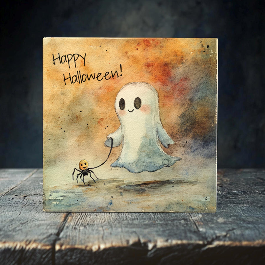 Adorable Ghost & Spider Porcelain Tile - Whimsical Halloween Decor